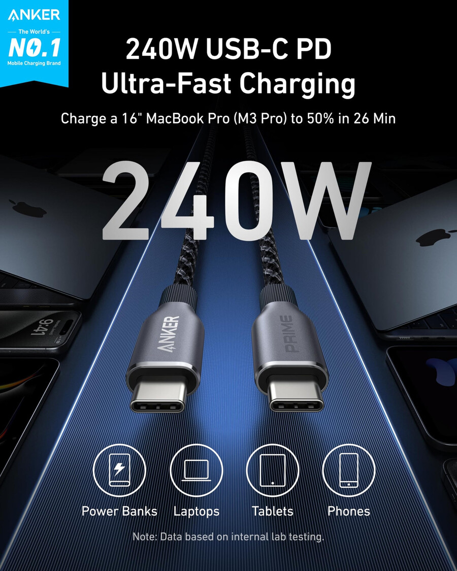 anker prime charging station 8-in-1 240w and anker prime usb-c to usb-c cable 240w upcycled-braided