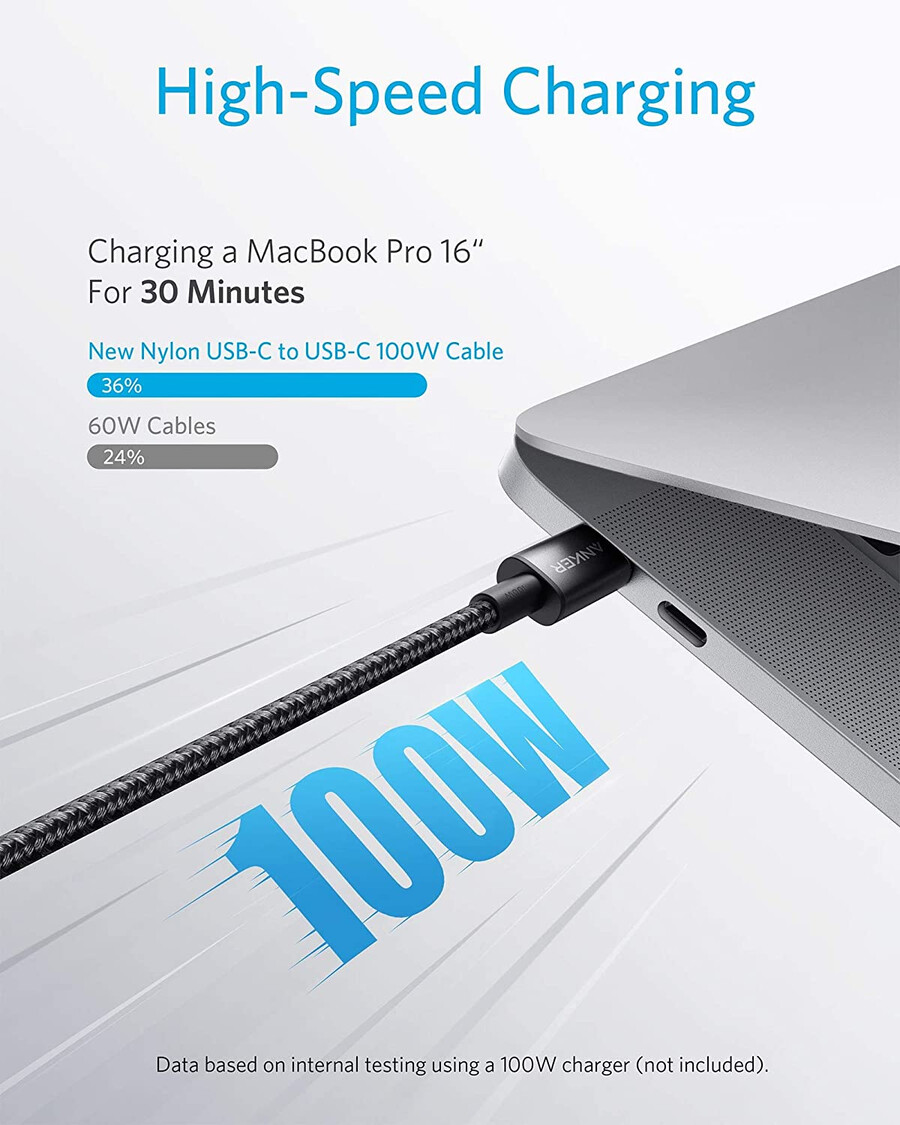 new nylon usb-c to usb-c 100w cable 10 ft 2-pack)