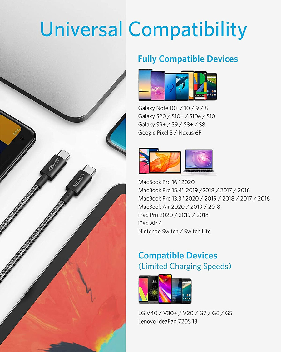 new nylon usb-c to usb-c 100w cable 10 ft 2-pack)