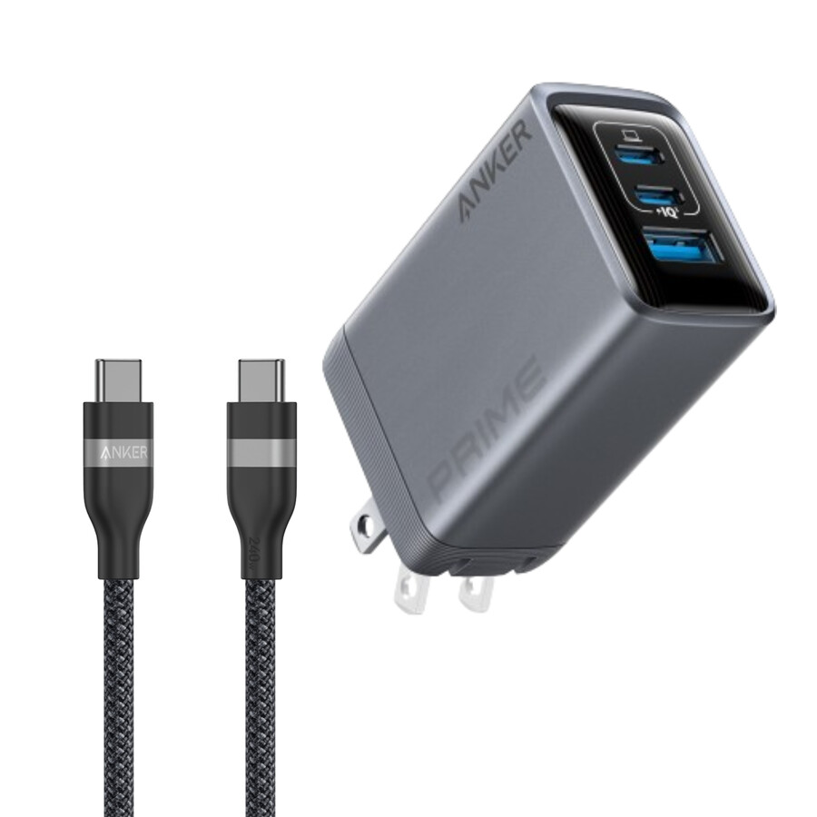 anker prime charger 100w 3 ports gan and anker usb-c to usb-c cable 3 ft 6 ft 240w upcycled-braided