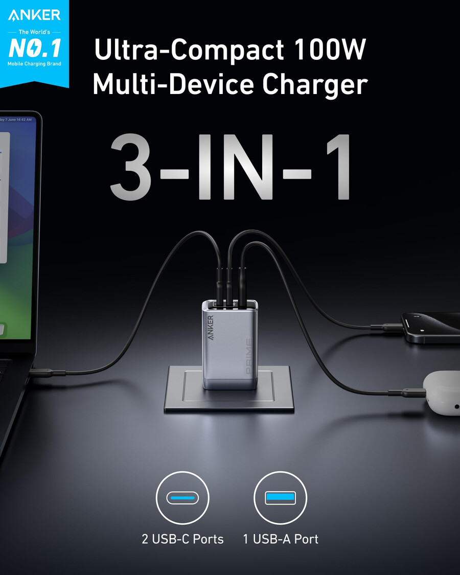 anker prime charger 100w 3 ports gan and anker usb-c to usb-c cable 3 ft 6 ft 240w upcycled-braided
