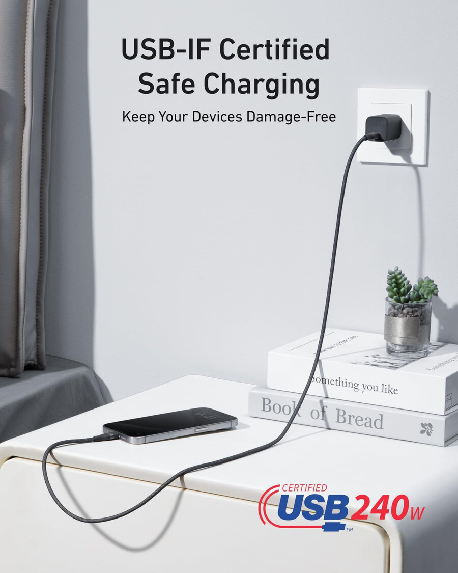 anker prime charger 100w 3 ports gan and anker usb-c to usb-c cable 3 ft 6 ft 240w upcycled-braided