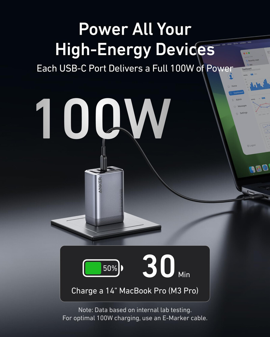 anker prime charger 100w 3 ports gan and anker usb-c to usb-c cable 3 ft 6 ft 240w upcycled-braided