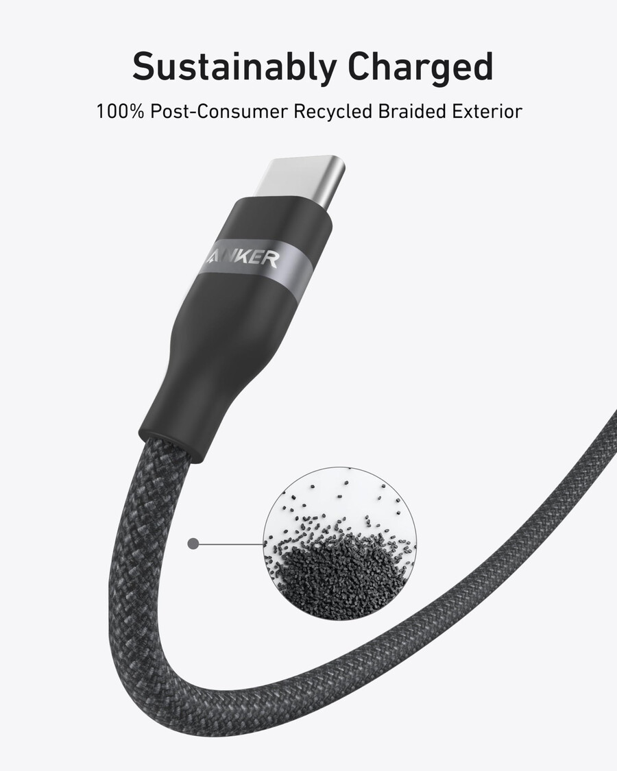 anker prime charger 100w 3 ports gan and anker usb-c to usb-c cable 3 ft 6 ft 240w upcycled-braided